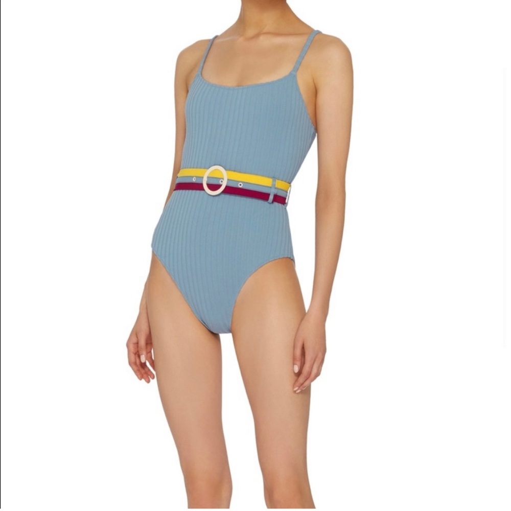SOLID & STRIPED Light Blue Swimsuit with Multicolor Belt